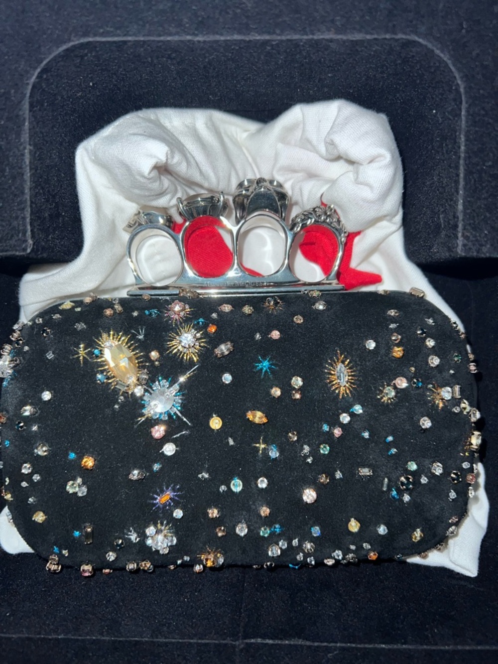 🪐 Alexander McQueen Skull Four Ring Celestial Embellished Suede Box Clutch - Picture 6 of 8